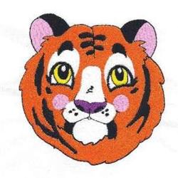 Cartoon tiger head with vibrant orange fur, playful black stripes, yellow eyes, and pink ears.