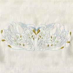 Two stylized swans with intricate swirling patterns and floral accents, in soft blues and yellows.