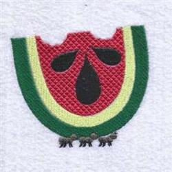 Playful watermelon slice with vibrant red flesh, black seeds, and green rind, perfect for summer kitchen decor.