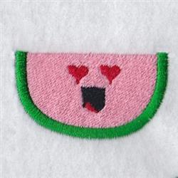 Playful watermelon slice with a pink interior and green rind, featuring heart-shaped eyes, perfect for summer accessories.