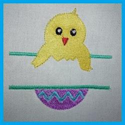 Playful yellow chick with big eyes perched on a horizontal line above a zigzag patterned purple Easter egg for Easter.