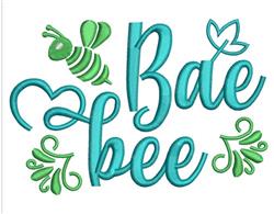 Applique design featuring playful 'Bae' in turquoise, whimsical 'bee', and vibrant leaf motifs.