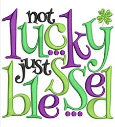 Playful text design 'not lucky just blessed' with a clover leaf, in vibrant green and purple, perfect for St. Patrick's Day.