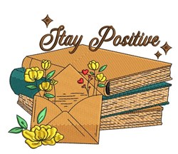 Whimsical stack of warm-toned books with a cheerful envelope adorned with yellow flowers and small hearts.