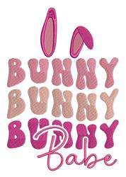 Playful text design featuring 'BUNNY' in pink shades, adorned with bunny ears, and cursive 'Babe' for Easter.