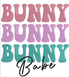 Playful letters spell 'BUNNY' in pink, purple, and teal for Easter, with 'Babe' in charming handwritten style.