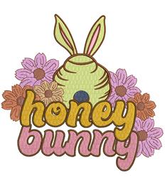 Playful bunny among pastel flowers with whimsical 'honey bunny' text, perfect for cheerful Easter decor.