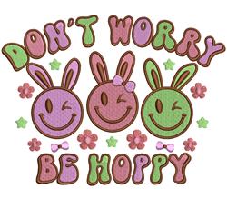 Playful machine embroidery design featuring three cheerful bunnies with pastel flowers, perfect for Easter.