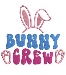 Playful text 'BUNNY CREW' with bunny ears in blue and pink, accented by whimsical paw prints for Easter.