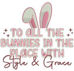 Whimsical Easter design with pink bunny ears, playful text, and sparkles in soft pastel shades.
