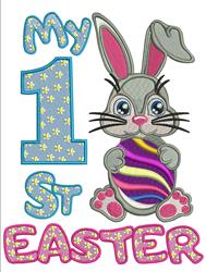 Colorful bunny holding a bright Easter egg, with 'My 1st Easter' text. Playful and festive design for children.