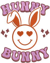 Cheerful bunny face with heart-shaped eyes, surrounded by vibrant 'HUNNY BUNNY' text. Perfect for Easter.