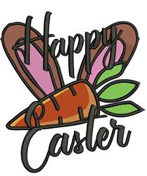 Playful carrot with bunny ears and 'Happy Easter' text, featuring vibrant colors, for festive spring decor.