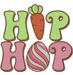 Playful decorative text 'HIP HOP' with colorful letters, a carrot, and a striped egg, perfect for Easter.