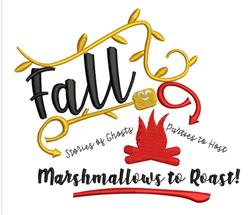 Playful Fall design with bold 'Fall' text, a yellow ghost, and red campfire surrounded by colorful leaves.