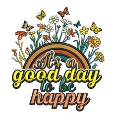Playful flowers encircle a colorful rainbow with butterflies, featuring cheerful text for springtime joy.