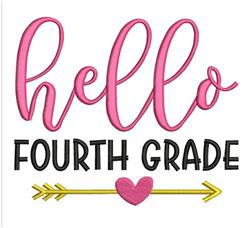 Playful 'hello' in pink cursive and 'Fourth Grade' in black bold, with a yellow arrow and pink heart, perfect for back to sch