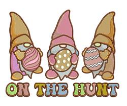 Playful gnomes holding colorful Easter eggs and the text 'ON THE HUNT' in a whimsical design for Easter.