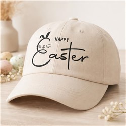 Light tan baseball cap with playful black 'Happy Easter' text and bunny ears detail, perfect for Easter celebrations.