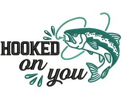 Playful fish splashing in green tones with bold 'HOOKED on YOU' text, perfect for casual embroidery.