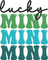 Playful text design featuring 'lucky' in bold black cursive, with colorful 'MINI' in green and blue below.