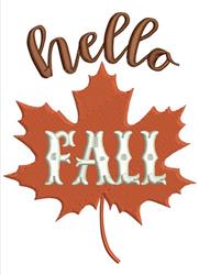 Whimsical autumn leaf design featuring a large orange maple leaf and 'hello FALL' text in playful styles.