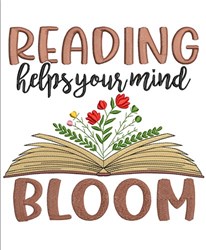 Open book with vibrant flowers blooming from its center and whimsical text reading 'READING helps your mind BLOOM'.