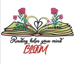 Open book applique with vibrant pink and green flowers, heart line drawing, and bold red text: 'Reading helps your mind BLOOM