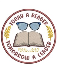 Playful back to school Applique open book with blue glasses, surrounded by leaves, and a circular red border.