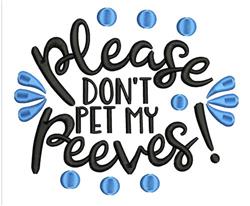 Bold text says 'please don't pet my peeves!' with a playful cursive font and vibrant blue accents.
