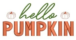 Text design 'hello PUMPKIN' in orange and green with small pumpkins, capturing playful autumn vibe.
