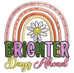 Playful rainbow over a smiling daisy flower with 'BRIGHTER Days Ahead' text, perfect for spring decor.
