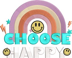 Playful rainbow in pastel colors arches over a smiley face with 'CHOOSE HAPPY' in teal below, perfect for spring.