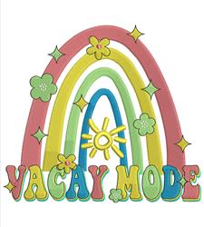 Colorful rainbow with flowers and sun, featuring 'VACAY MODE' text. Playful design perfect for summer decor.