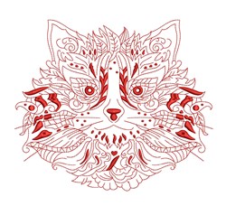 Redwork cat head design with intricate red line art, showcasing decorative patterns and symmetrical features.