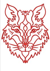 Redwork fox face with intricate red line detailing, symmetrical features, and elegant curves on a white background.