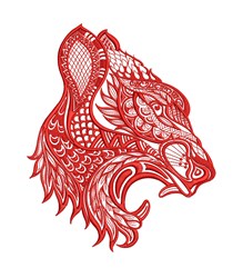 Redwork wolf head design featuring intricate patterns, bold red tones, and detailed facial features.