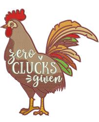 Colorful rooster with vibrant feathers in brown, red, and green, featuring 'zero CLUCKS given' text, perfect for playful deco