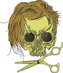 Bold skull with stylish yellow-green hair and scissors below, featuring artistic detail and modern design.