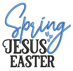 Playful 'Spring' in blue script with hearts and bold 'JESUS' and 'Easter' below, capturing Easter joy.