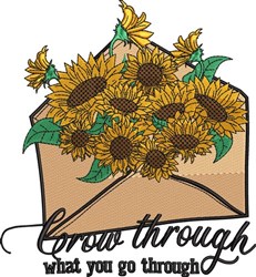 Vibrant envelope filled with sunflowers, featuring the uplifting phrase 'Grow through what you go through' in a cheerful styl