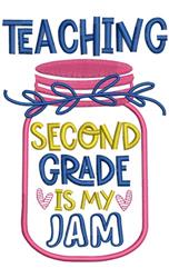 Playful pink jar with a ribbon, filled with colorful text 'TEACHING SECOND GRADE IS MY JAM', ideal for back to school.