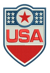 USA shield patch with bold red and white design, circular blue top, and stars, perfect for national holidays.