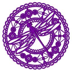 FSL dragonfly in vibrant purple with intricate lace border and floral motifs, detailed design.