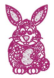 Whimsical rabbit holding a decorative Easter egg, outlined in pink with large ears, perfect for festive decor.