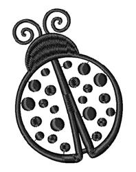 Applique ladybug with a black outline, rounded shape, and spiral antennae adorned with playful polka dots.