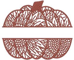 Contemporary pumpkin with intricate patterns, warm orange tone, and decorative leaves, perfect for fall decor.