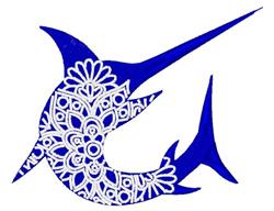 Stylized swordfish in deep blue with intricate white floral patterns, showcasing vibrant contemporary artistry.