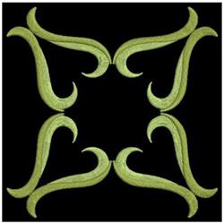 Abstract leafy design features elegant green shapes in a symmetrical pattern on a black background for quilting.
