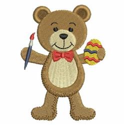 Cartoon bear with brown fur and red bow tie, holding paintbrush and colorful egg for Easter joy.
